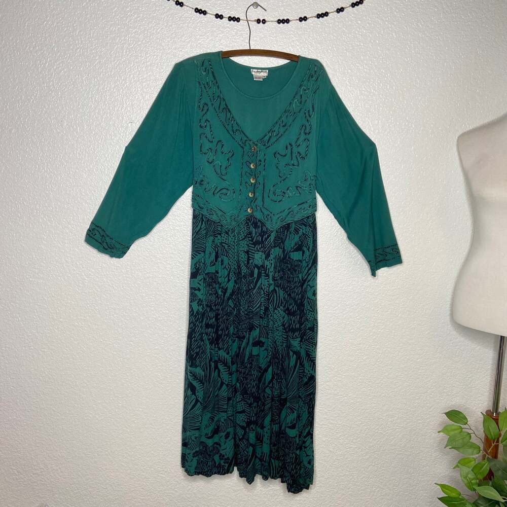 Vintage Friday Wear Boho Green and Black Maxi Dress
